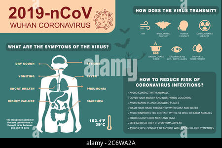 2019-nCoV symptoms and spreading. Corona virus infographics vector. Virus protection tips. Research and development on a preventive vaccine. airborne, Stock Vector