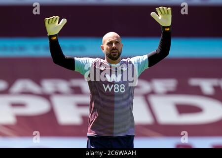 Aston Villa goalkeeper Jose Reina warms up ahead of the Premier League match at Villa Park, Birmingham. Stock Photo