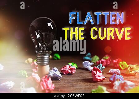 Writing note showing Flatten The Curve. Business concept for raising an awareness on slowing the rate of the infectious disease Realistic colored vint Stock Photo