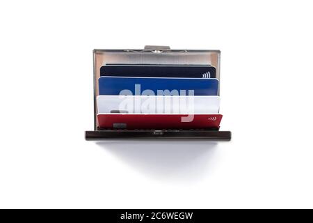 Stainless steel business ID credit card holder with credit cards, daylight and soft shadow Stock Photo