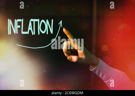 Conceptual hand writing showing Inflation. Concept meaning general price rise and a decrease in the value of money purchased Digital arrowhead curve d Stock Photo