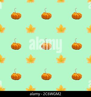 Simple seamless pattern with pumpkin and autumn leaves Stock Photo