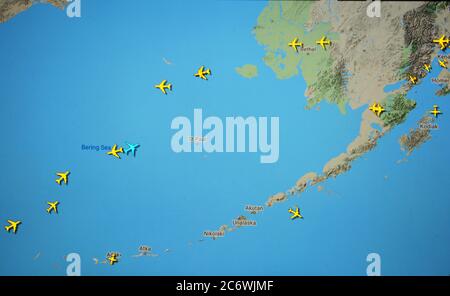 air traffic over Bering sea (12 july 2020, UTC 16.32) with Flightradar 24 site by Svenska Resenätverket AB Stock Photo