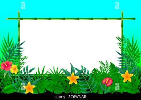 Tropical leaves background with bamboo frame vector illustration Stock Vector