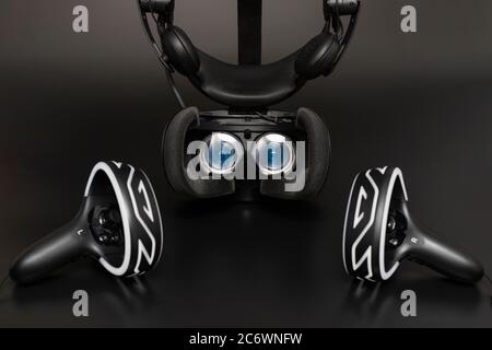 Virtual reality headset blue lenses, black background Stock Photo