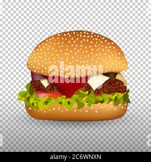 King size burger with meat tasty toppings like Onion, Tomato Ketchup, green toppings and Bun Vector illustration, fast food design element Transparent Stock Vector