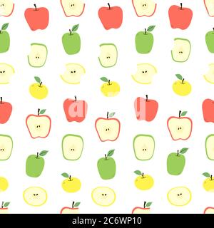 Apple whole, cut, half and slices. Endless texture with red, yellow, green apples isolated on white. Positive fruit summer print. Vector seamless Stock Vector