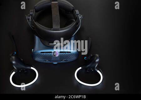 Virtual reality headset on a black background, top view Stock Photo