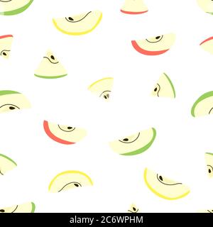 Apple slices. Endless texture with red, yellow, green apples isolated on white. Positive fruit summer print. Vector seamless pattern in flat cartoon Stock Vector