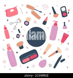 Cute make up and skin care icons. Products and accessoires for beauty. Simple womans signs set. Visage elements. Hand drawn flat vector graphic. Stock Vector