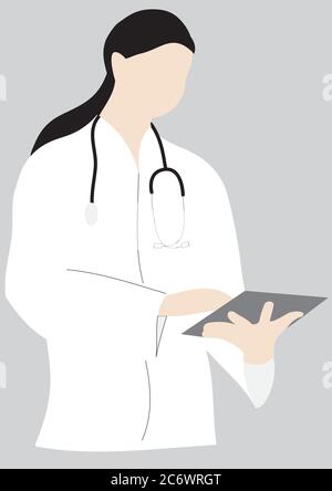 Vector illustration of a female doctor reading iPad tablet computer, Caucasian, Light skin tone, UK, 2020 Stock Vector