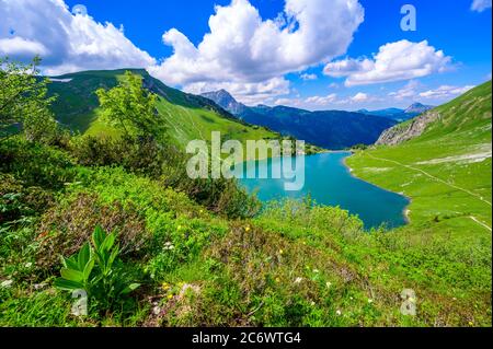 Traualpsee at Tannheimer Tal, beautiful mountain scenery in Alps at Tannheim, Reutte, Tirol - Austria Stock Photo