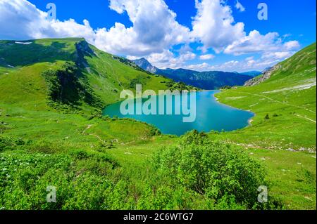 Traualpsee at Tannheimer Tal, beautiful mountain scenery in Alps at Tannheim, Reutte, Tirol - Austria Stock Photo