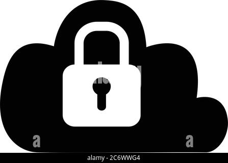 black simple flat icon of cloud with padlock, online cloud data store security or protection concept Stock Vector
