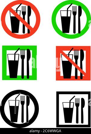 set of eating and drinking icon allowed and forbidden sign red and green and black vector pictogram Stock Vector