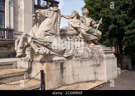 Statue of Neptune symbolising navigation outside the Glamorgan County Hall building, Cardiff, South Wales Stock Photo