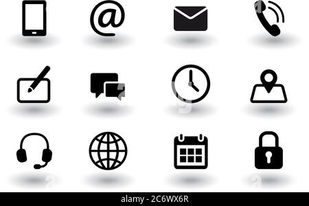 Set of contact us and web communacation icons. Simple flat black vector icons collection isolated on white background with shadows. Vector eps10 Stock Vector