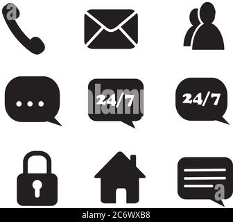 set of web icons contact symbol collection black and white phone mail life chat home padlock people address book Stock Vector