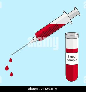 medical syringe with needle filled with blood drops and test tube with blood sample simple flat style icon concept of medical tests, injection Stock Vector