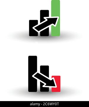 bar chart icon - growing and descending columns, concept of growth profit financial black red and green vector icons with shadow Stock Vector