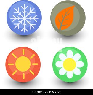 four season vector icon set, seasonal button with glassy lustre and shadow - spring flower, autumn leaf, summer sun and winter snowflake Stock Vector