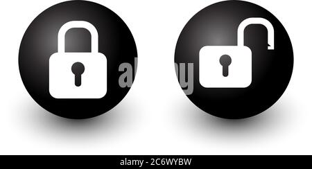 padlock locked and unlocked lock vector web circle button icon black and white with shadow, eps 10 Stock Vector