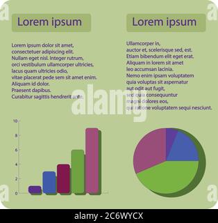 colorful column chart and pie chart template simple flat info graphic with sample text on green rounded square background Stock Vector