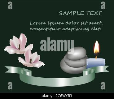 magnolia flowers tea candle and pebbles and silk ribbon wellness spa concept with copy space for sample text vector illustration Stock Vector