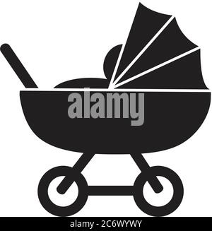 pram baby carriage simple cute flat black nad white icon vector pictogram Stock Vector