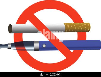 no smoking no vaping sign ban cigarette and electronic cigarette not allowed blue e-cigarette and cigarette in red circle realistic vector Stock Vector