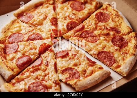 One Piece Of Pizza In Cardboard Pizza Box. Top View Stock Photo, Picture  and Royalty Free Image. Image 49133248.