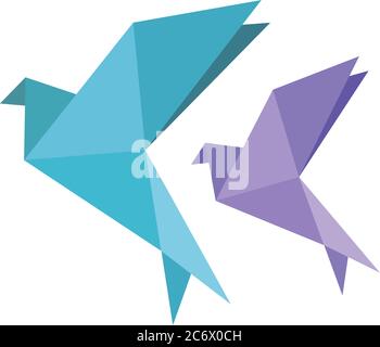 Origami dove bird blue and vilotet icon. Geometric line shape for art of folded paper. Simple flat vector eps10 illustration Stock Vector