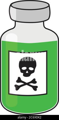 glass vial of poison, green liquide with sign of toxicity skull with crossbones label, simple flat coartoon vector icon Stock Vector