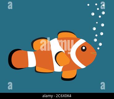 cute orange clown fish vector illustration on blue background with white bubbles Stock Vector