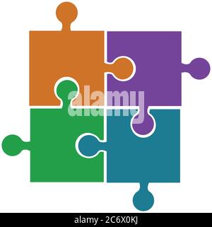 four puzzle pieces orange violet green and blue vector icon, concept of problem solution or connection process Stock Vector