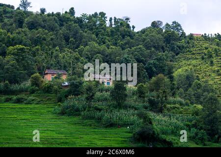 Beautiful landscape of nepali farm field and houses Stock Photo