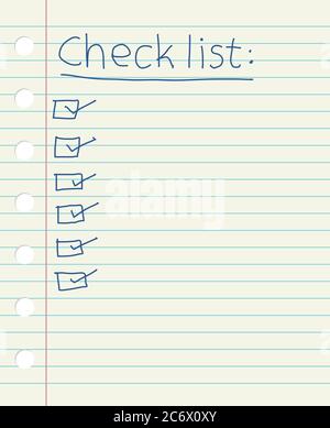 Check list on a lined paper sheet, hand written by pen vector illustration Stock Vector