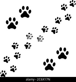 Black Footpath trail of dog prints walking randomly. Animal footprints, dog or cat paws print isolated on white background. Vector illustration of Stock Vector