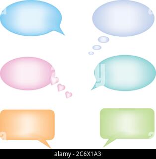 set of six plastic pastel color speech bubbles think love and rounded square Stock Vector