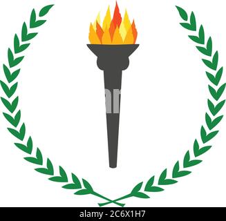 olympic flame burning torch with laurel wreath green leaves circle simple color flat vector illustration olympic games symbol Stock Vector