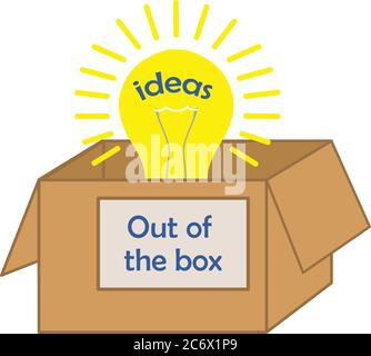 lightbulb out of the box ideas text, concept of creativity and originality in simple flat cartoon style, vector illustration Stock Vector