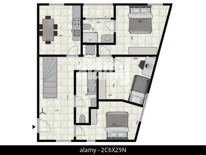 3d floor plan. Black&white floor plan. 3D illustration, sketch, outline. Stock Photo