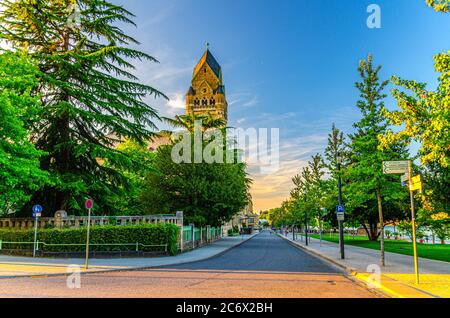 Koblenz, Germany, August 23, 2019: Court of Appeal Oberlandesgericht Rhineland Palatinate building with clock tower in historical city centre, twilight evening view, Rhineland-Palatinate state Stock Photo