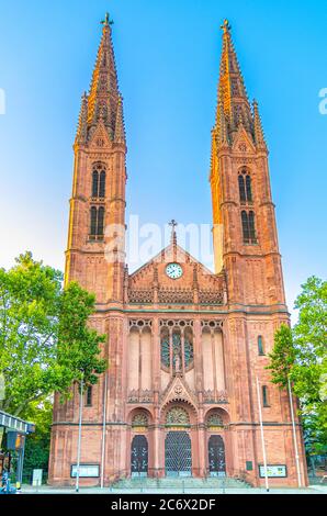 St. Bonifatius Roman Catholic parish church Gothic style building in Wiesbaden historical city centre, blue sky background, State of Hesse, Germany Stock Photo