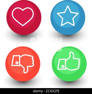 like, dislike, voting and rating, vector icon set, hand with thumb up and down, star and heart symbol in color glossy circle buttons with shadow Stock Vector