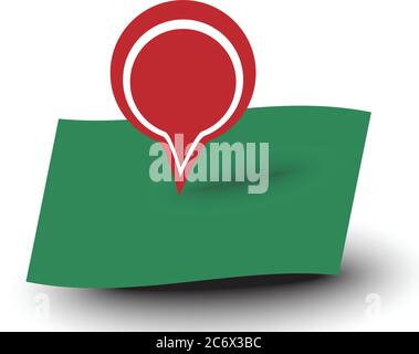 map pointer red label place for text with shadow pointing down at green map, vector illustration, navigation position concept Stock Vector