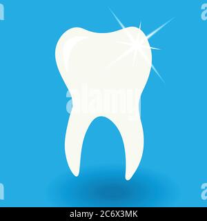 white tooth icon with shine on blue background with shadow vector illustration, dental care or dentist concept Stock Vector