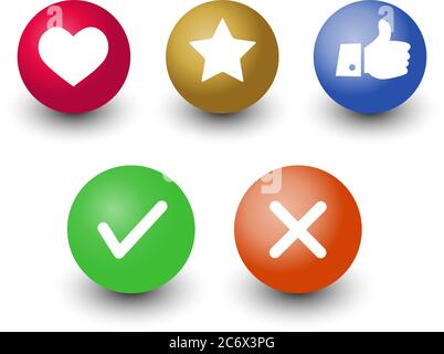 mark check o.k.,cancel, like, voting and rating vector icon set, hand with thumb up, star and heart symbol in color 3d circle buttons with shadow Stock Vector