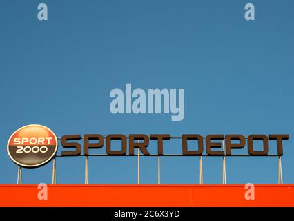 Sport Depot sign and logo on building facade as advertisement for the most popular and largest sporting goods stores chain in Bulgaria, Balkans, EU Stock Photo
