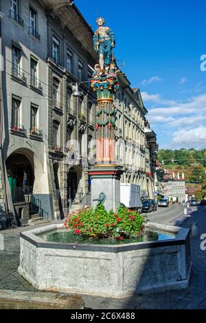 Gerechtigkeitsbrunnen (Fountain of Justice) is a 16th-century fountain in the Gerechtigkeitsgasse in the Old City of Bern, Switzerland Stock Photo